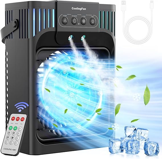 FethFire Portable Air Conditioner Cooling Fan, 1200Ml Mini Air Conditioning Unit with Remote,Quiet 3 Wind Speeds & Cool Mist, 2-8H Timer & 7 LED Light, Personal Air Cooler Fan for Room,Home,Office [Energy Class A+++]