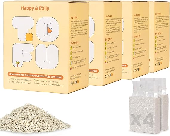 Happy & Polly Tofu Cat Litter – Fast Clumping, Flushable, Ultra Absorbent, Low Tracking, 100% Natural Raw Materials with Coconut Charcoal – 10kg