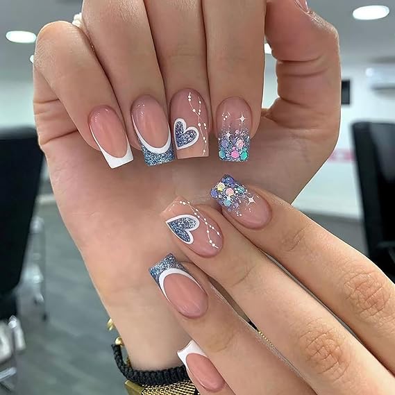 French Tip Square Medium Press on Nails 24Pcs Glossy Full Cover Artificial Glitter Fake Nails with Blue Heart Designs Acrylic Coffin False Nails Glue Fingernails with Charm for Women Girls
