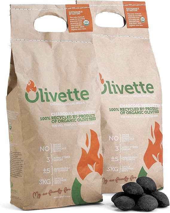 OLIVETTE Organic BBQ Charcoal Briquettes, 2-Bag Pack, 6.6 lb Each | Reusable Charcoal For Grilling & Smoking, Burns 3x Longer, 6.6 lb = 20 lb Regular Charcoal, Recycled Olive Tree Byproduct
