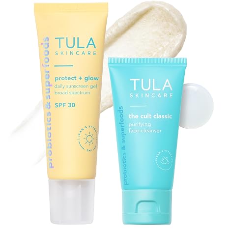 TULA Skin Care Protect + Glow Daily Sunscreen Gel Broad Spectrum SPF 30, Supersize, 3.38 oz + Cult Classic Purifying Face Cleanser Travel Size 1 oz, 2 Piece Set
