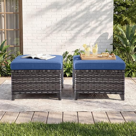 Rilyson Luxury Outdoor Wicker Patio Ottomans Set of 2, 250 lbs Capacity Rattan Large Ottomans for Patio Footrest Set 22.8in*22.8in*14in with 3.5in Thick Cushion (Brown/Blue)
