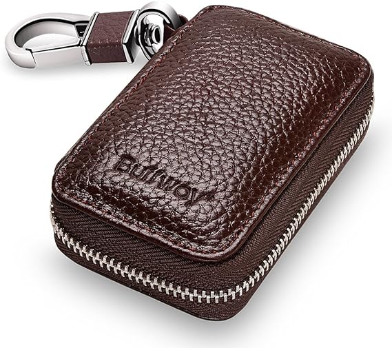 Buffway Car Key Holder,Genuine Leather Car Keychain Coin Case Metal Hook and Keyring Wallet Zipper Case for Auto Remote Key Fob - Coffee