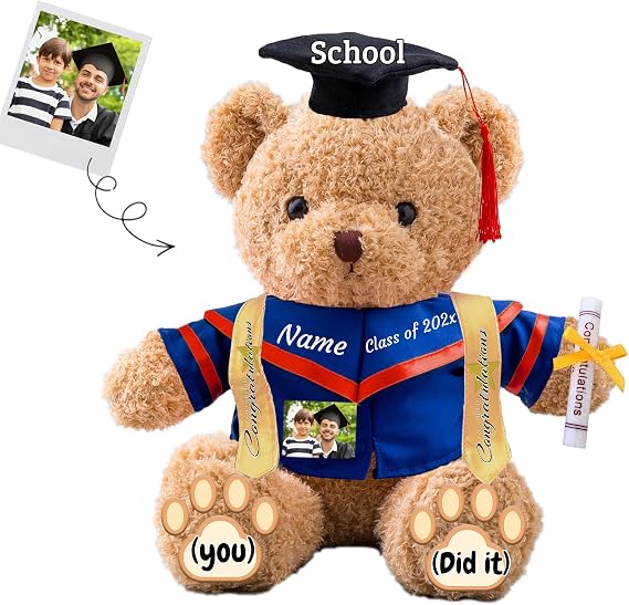 Graduation Teddy Bear with Text+Photo, Personalized Bear Stuffed Animal as 2026 Graduation Gift for Him/Her as High School Kindergarten College Grad Gift 2026 (12 in-Text+Photo)