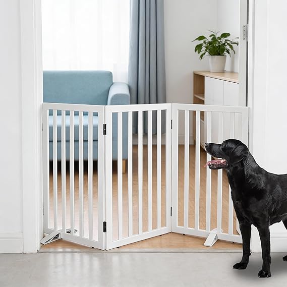 Dog Gate Indoor, Freestanding Dog Fence for The House, Doorways, Hallways,or Stairs,Pet Gate Foldable Wooden,Expandable 32" Height 3 Panels,White