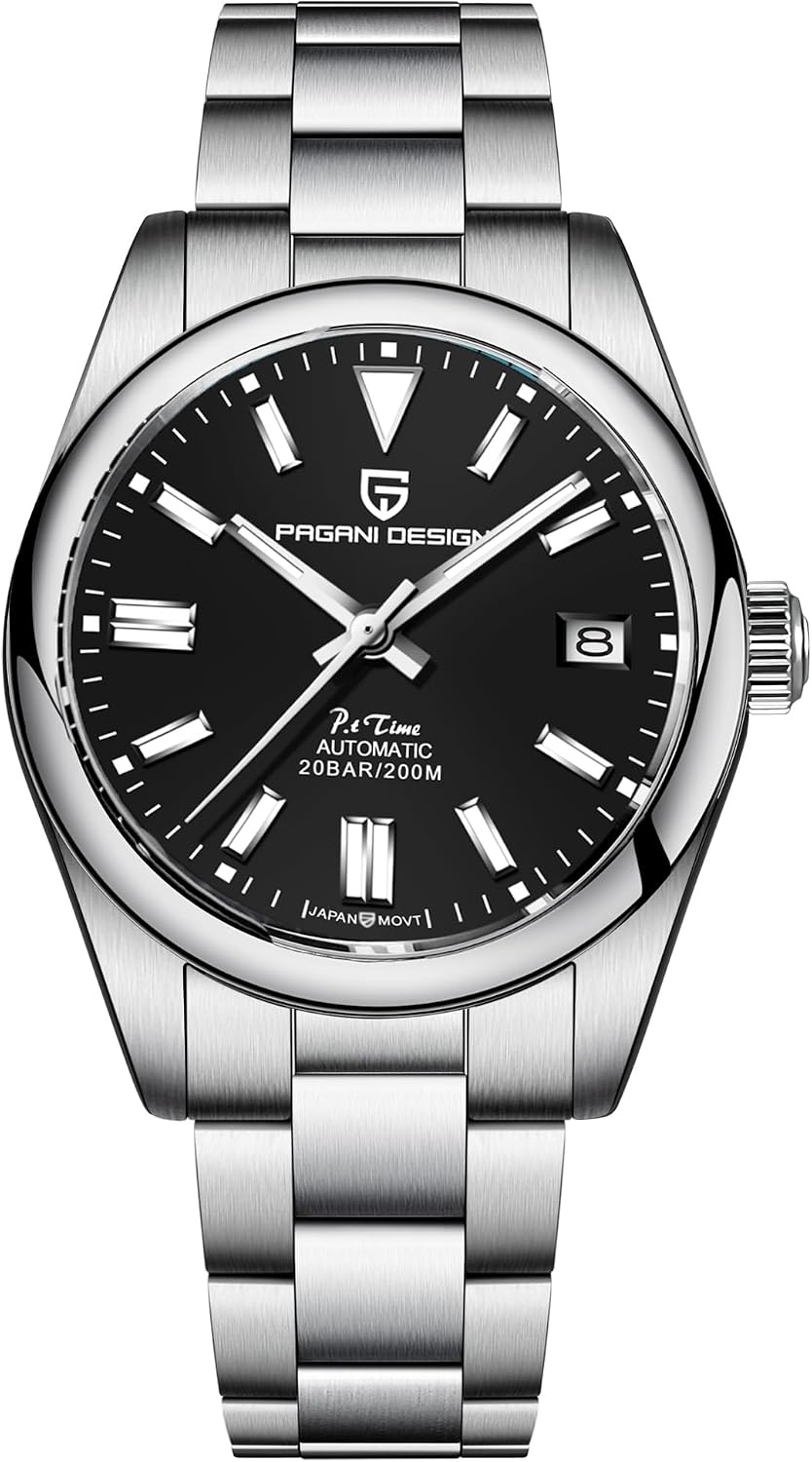 Pagani Design PD1690 Mens Analog NH35 Japanese Automatic Mechanical Watch with Stainless SteelLeather Bracelet, Steel Blue, Bracelet 39.7mm, Black