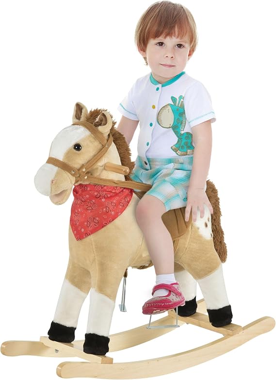 Qaba Kids Plush Ride-On Rocking Horse Toy with Fun Realistic Sounds Beige | Cowboy Rocker, for Child 3-6 Years Old