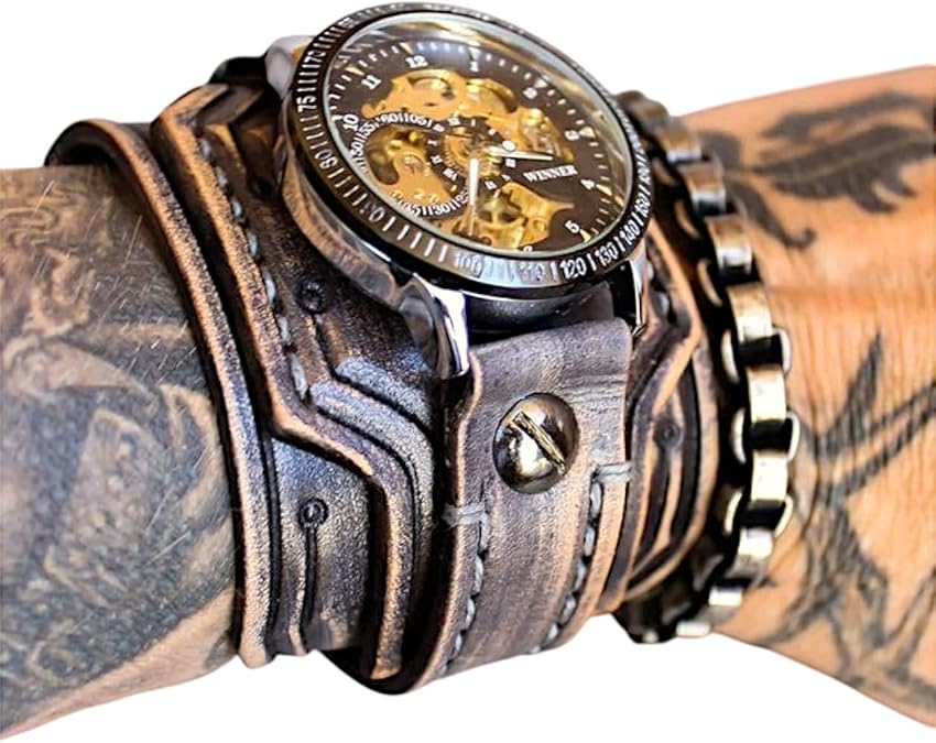 Mens leather watch, Steampunk Accessories, Gifts for Husband, Dad, Brother, Automatic Watches for Men, Skeleton Watches for Men, Mens Luxury Watches, Mechanical Automatic Timepiece, Wide Cuff Bracelet