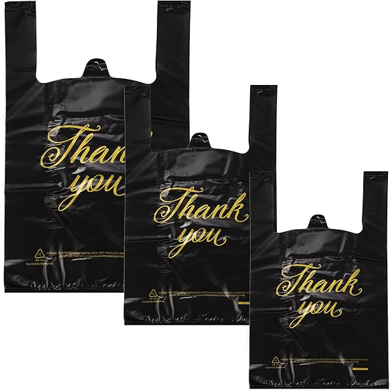 Zonon 400 Pcs Thank You Shopping Bags Bulk with Handles in 3 Sizes, Black | Disposable Grocery Bags, T-shirt Style Handles, Ideal Takeout Packaging Supplies, for Small Business Boutiques and Shops