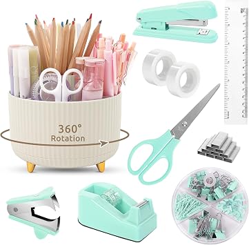 Office Accessories, 10Pcs, 360-Degree Rotating Pen Holder, Office Supplies Include Stapler, Tape, Tape Holder, Scissors, Ruler, Staple Remover, 1 Box of Staples, Paper Clips Kit for Office School