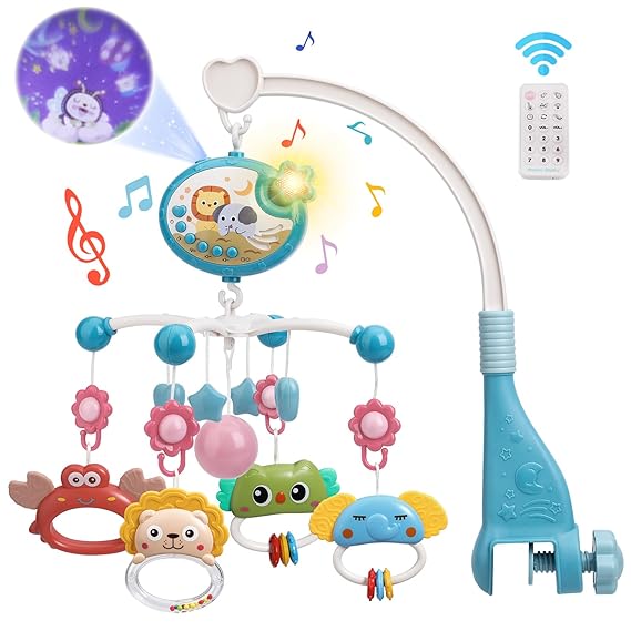 Baby Crib Mobile with 400 Melodies & Star Projection Blue | Timing, Night Light, Rotating Rattle, Remote Control, Bassinet Crib Toys for Boys Girls