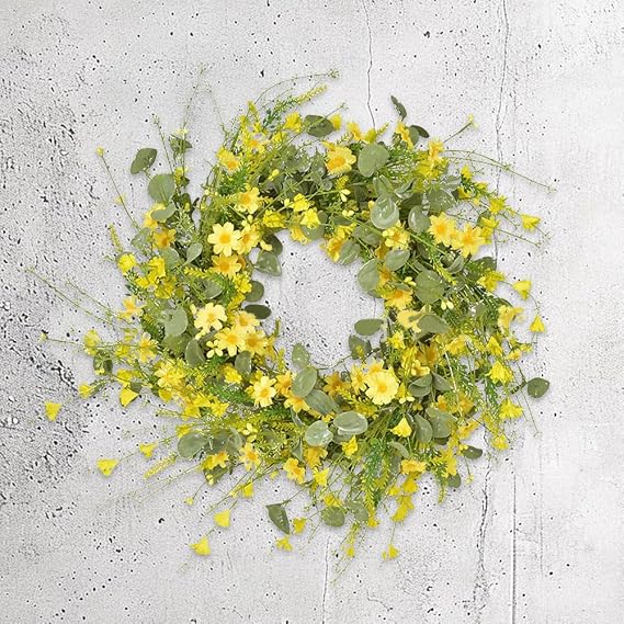 Artificial Daisy Wreath,45cm Yellow Spring Summer Wreaths,Sunflower Wreath with Daisies,Wildflowers and Green Leaves,Spring Summer Hanging Decoration for Front Door Window Wall (Yellow)