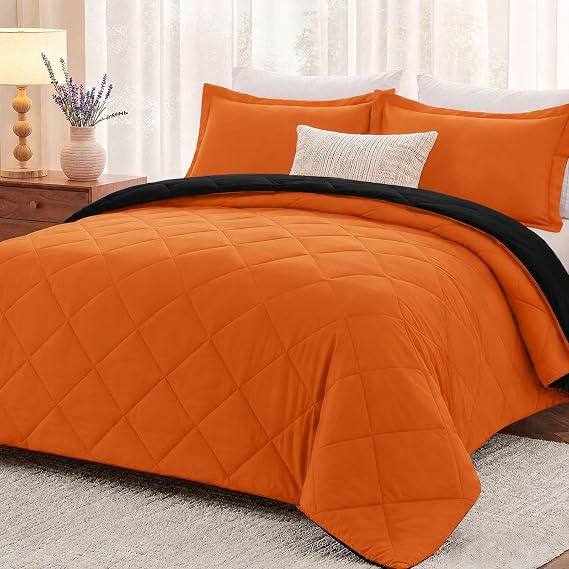 downluxe Full Size Comforter Set, Lightweight Solid Down Alternative Reversible, 3-Piece Comforter Set Full with 2 Reversible Pillow Shams Orange/Black