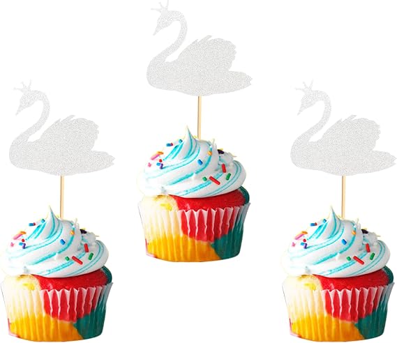 24pcs Swan Cupcake Toppers with Crown Silver Glitter Cupcake Picks Dessert Table Baby Shower Birthday Party Supplies Cake Decoration
