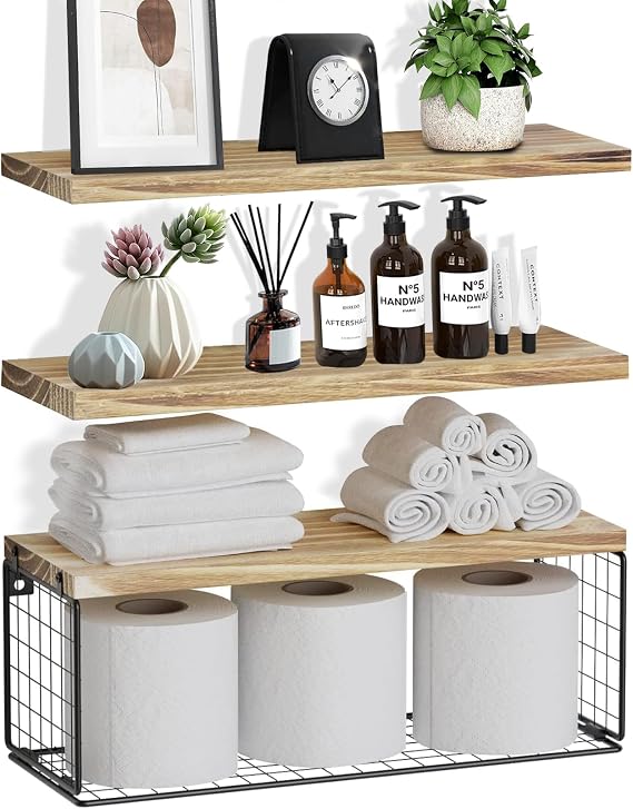 ZVZM Floating Shelves, Rustic Shelves for Wall, Bathroom Shelves Over Toilet, Kitchen Shelves with Wire Storage Basket, Bathroom Shelf, Wall Shelves Decor for Living Room/Office/Plants Shelves.