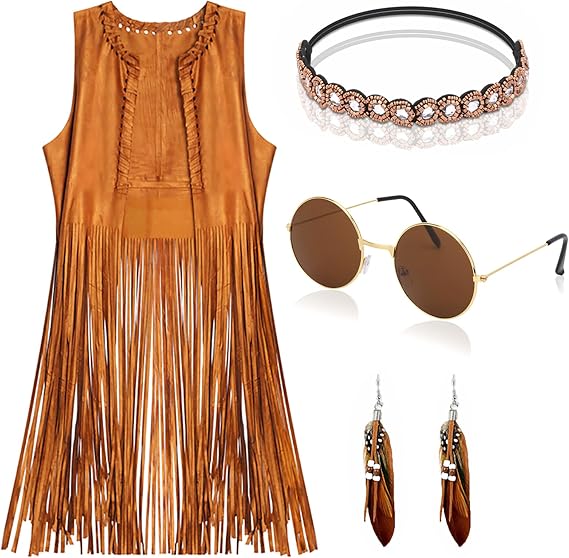 60s 70s Outfits for Women Disco Hippie Costume Clothes Woman Cowgirl 70s Costume Tops Women Fringe Hippie Vest Brown