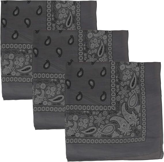 3 PK Cowboy Bandanas 100% Cotton 22 x 22 inch - Charcoal