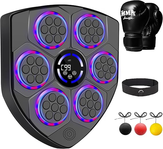 Music Boxing Machine Smart with Rhythm LED Wall Mounted for Adults & Kids Incl. Adult Gloves, Headband & 3 Reflex Balls 9 Modes, Bluetooth Music Sync, Home/Office/Gym Sturdy Fitness Set