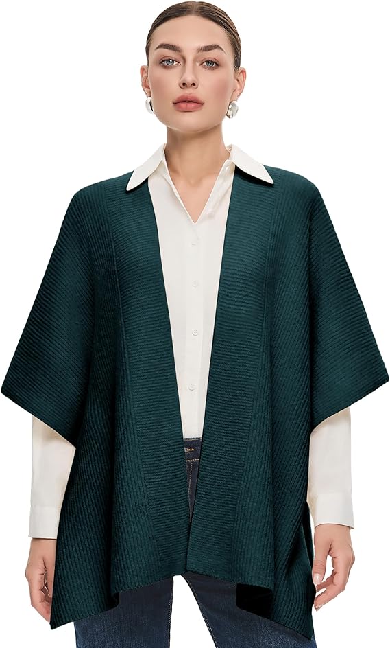 PULI Women's Open Front Chunky Shawl Wrap Rib Knit Poncho Cape Winter