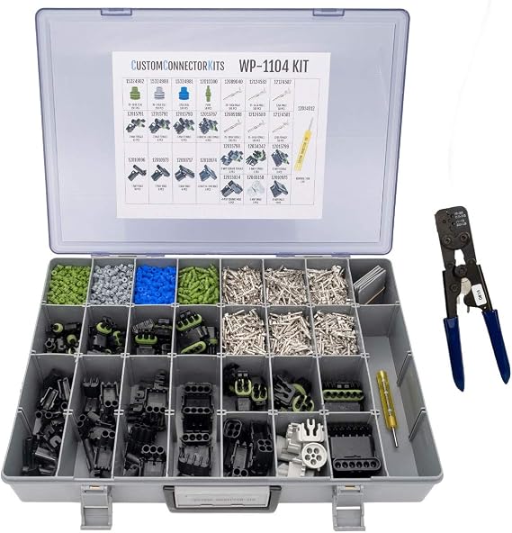 Lpteso Delphi Genuine OEM WeatherPack Connector Kit WP-1104 with Pro Tool: Sealed Weatherproof Automotive Electrical Connectors 20-12 Gauge 1104 Piece Kit with 12014254 Pro Crimp Tool