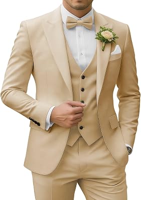 Mens 3 Piece Suits Slim Fit, Peak Lapel 2 Button Blazer Jacket Vest Pants Set, Wedding Business Prom Party Suit