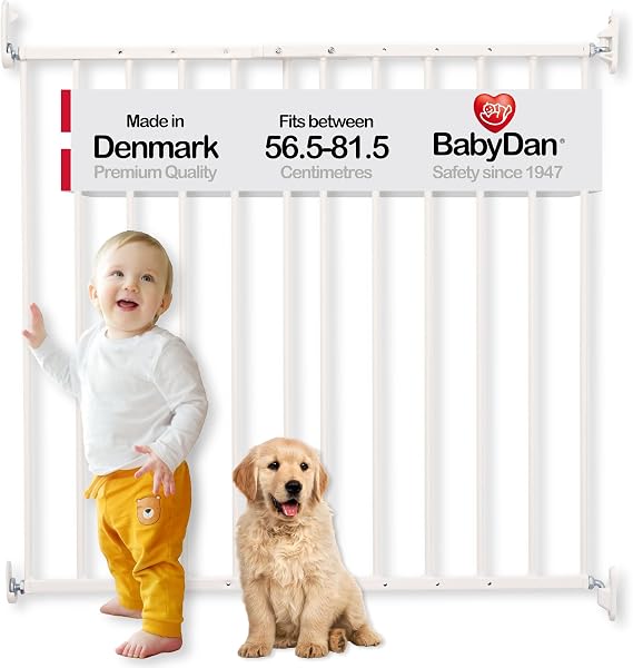 BabyDan Ebeltoft Safety Gate – Baby Gate for Narrow Openings (56.5-81.5 cm) – Wall-Mounted Stair Gate for Babies and Pets – Adjustable and Durable, White, Metal