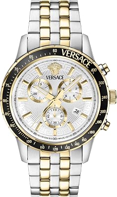 Versace Sport Chrono Collection Luxury Mens Watch Timepieces with a Two Tone Bracelet and Case Featuring a Silver Dial