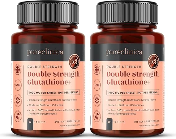 Glutathione 1000mg – 120 Tablets (2 x 60 Pack, 1-a-Day) by Pureclinica | High Strength with 500mg Glutathione, 300mg ALA &amp; 200mg Vitamin C per Tablet | Antioxidant &amp; Detox Support