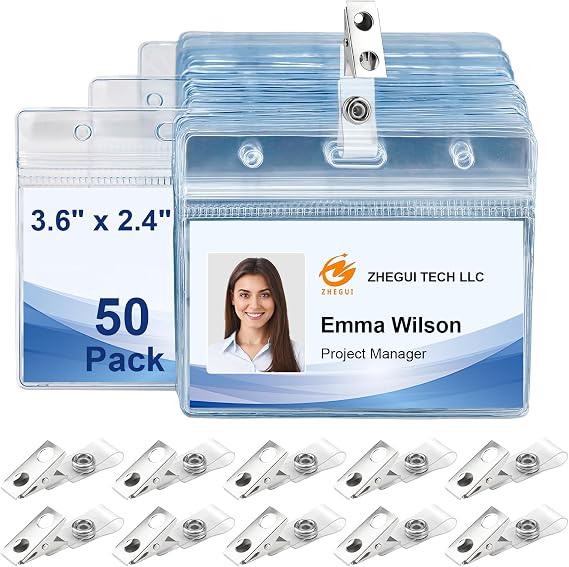 ID Badge Holder with Clip Clear Plastic Name Tag Holders Horizontal Ziplock Waterproof PVC ID Card Holder with Clip Straps(50 Pack, Horizontal 2.3X3.5)