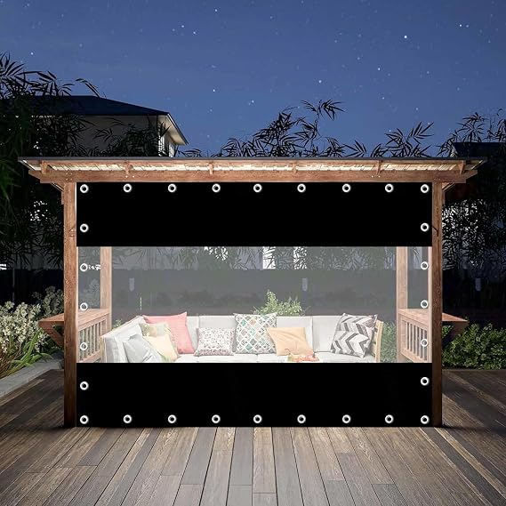 Outdoor Curtains, with Zip, PVC Vinyl Transparent Waterproof Tarpaulin Side Panels, Clear Tarp Curtains with Grommets, Weatherproof, Customisable,Black-4x2.2m