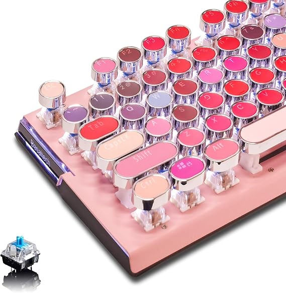 Lipstick Mechanical Gaming Keyboard Round Key Vintage Mechanical Keyboard with White LED Backlight Blue Switch 104 Keys Wired USB Metal Panel Typewriter Keyboard