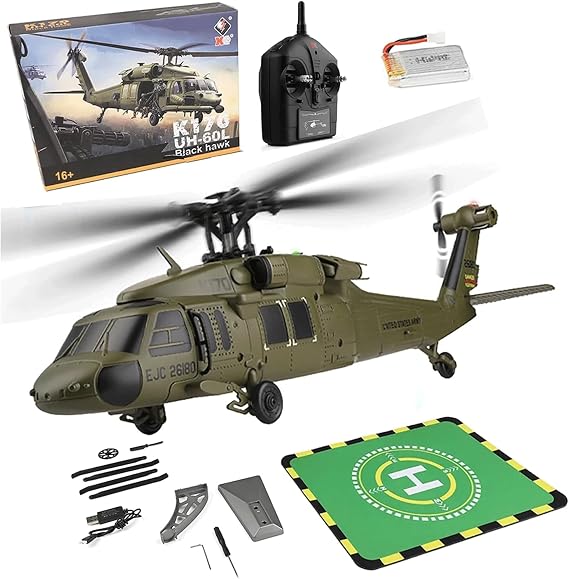 K170 UH60L RC Helicopter for Adults, 6-Axis Gyro Brushless Motor 2.4G 4CH Remote Contro Military Aircraft Single Wing Aileron Free Altitude Hovering, RTF - 1 Battery