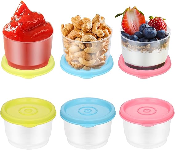 6 Pcs Small Food Containers with Lids, 160ML Plastic Snack Pots, Airtight Kitchen Food Container Set, Reusable Small Pots with Lids for Lunch, Yoghurt, Microwave Freezer Safe (Yellow, Blue, Pink)