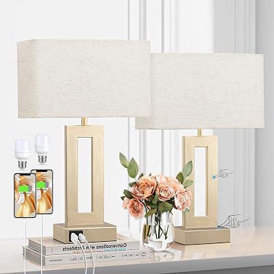 Seealle Bedroom Table Lamps Set of 2 - Beige Gold Touch Bedside Lamps with USB CA, 3 Way Dimmable Gold Lamp for Nightstand, Modern Night Stands Lamps for Living Room