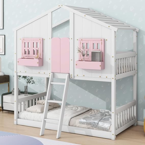Twin Over Twin Bunk Bed with Storage Window Box, House Shaped Floor Bunk Bed Frame with Headboard and Ladder, Space Saving for Boys, Girls, Kids, Adults, Easy Assembly, Pink