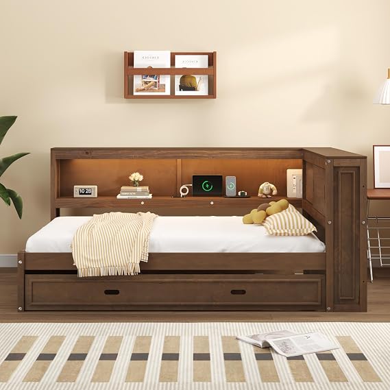Full Size Wood Daybed with Storage Shelves, USB, LED, and Trundle, Full Size Daybed Sofa Bed for Bedroom Living Room (Wood)