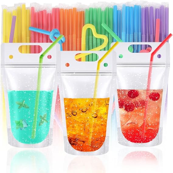 50PCS Drink Pouches For Adults,Reusable Zipper Bags With 50PCS Reusable Straws For Alcohol Drink Freezable Hand-Held Juice Container For Cold & Hot Smoothie (12OZ, Translucent Frosted)