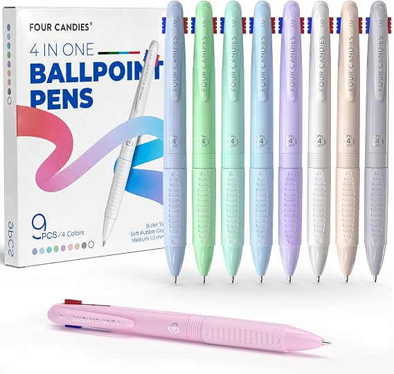 Four Candies 4-in-1 Multicolor Pens, 1.0 mm, 9 Pack | Quick-Dry Ink, Smooth Writing, Comfort Grip, Macaron Colors, School, Office & Nurse Supplies