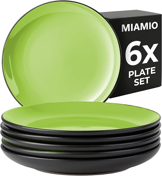 MIAMIO Plate Set Ceramic/Dessert Plates Set of 6 - Le Papillon (Green)