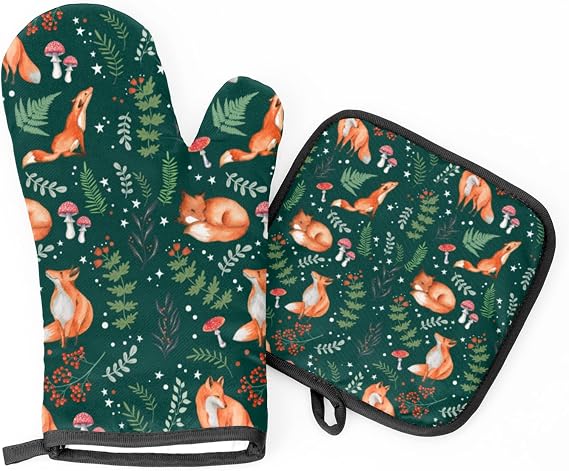 Oven Mitts and Pot Holders Sets, Heat Resistant Oven Gloves with Fox Mushroom Print, Forest Woodland Cottagecore Kitchen Decor, Non-Slip, Machine Washable Oven Mitts for Cooking, Baking, Grilling