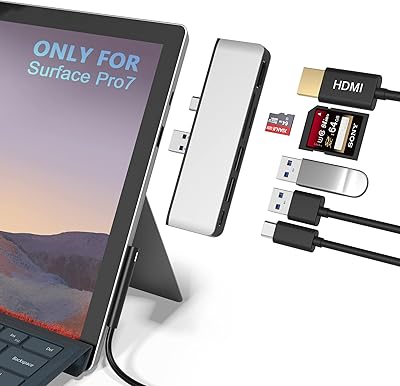 Surface Pro 7 USB C Hub, 6-in-2 Aluminum Surface Pro 2019 Dock with 4K HDMI Adapter USB C Audio & Data Transfer Port 2 USB 3.0SDTF Card Reader, Converter Combo Adaptor for Surface Pro 7