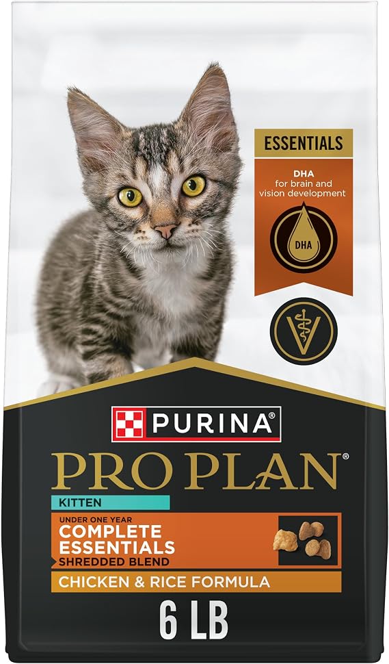 Purina Pro Plan Complete Essentials Kitten Food, Chicken & Rice, 6 lb Bag | Shredded Blend, high protein, DHA to nourish brain and vision, live probiotics for digestive and immune health