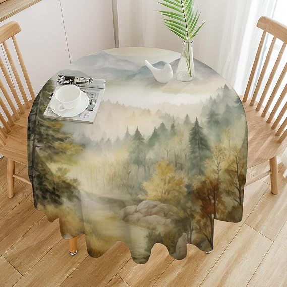Forest Round Tablecloth, Watercolor Mountain Forest Nature Tree Woodland Waterproof Polyester Table Cloth Oil-Proof Table Cover for Kitchen Dining Party Decor 70x70in