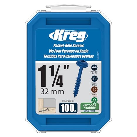 Kreg Blue-Kote Pocket-Hole Screws, SML-C125B-100, 100 Count, 1-1/4 Inch