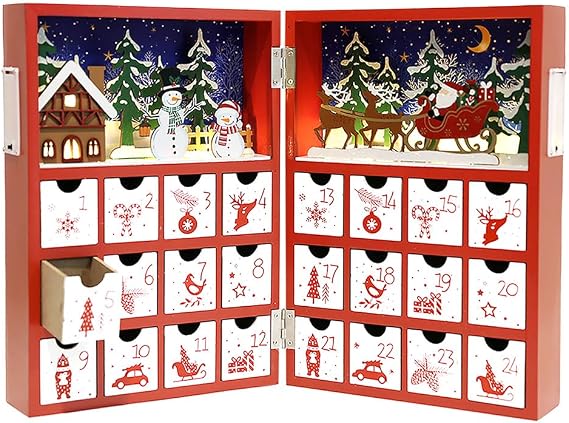 Christmas Wooden Advent Calendar Book with LED lighting Red Color Christmas Snowman & Santa Countdown Holiday Gifts with 24 Drawers Adults Kids Home Decoration