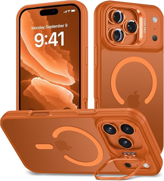 MADNOVA iPhone 17 Pro Max için Kılıf Kamera Korumalı Magsafe Wireless Şarj Özellikli Lens Hediyeli Mat Şeffaf Renkli Standlı Kılıf (TURUNCU)