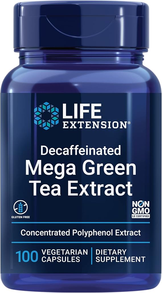 Life Extension Decaffeinated Mega Green Tea Extract Polyphenol-Rich, Cell Health, Heart Health, Brain Health, Antioxidant Protection Non-GMO, Gluten-Free, Vegetarian 100 Capsules