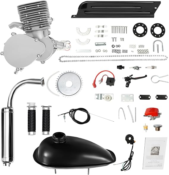 Upgraded 110cc Bicycle Engine Kit, 2-Stroke Gas Motorized Bicycle Conversion Kit for 26" /28" Bikes Fit Petrol Gas Motor Kit Engine Refit Full Set with CDI for DIY Motorized Bicycle Bike (Silver)