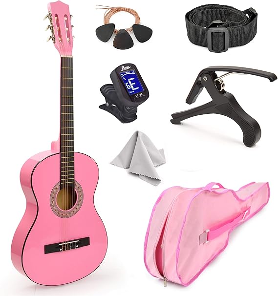 MasterPlay Kids Guitar, 30 Beginner Classical Wood Guitar For Learners, With starter kit, Bag, Strap, Tuner, Pick, Extra String, Cleaning cloth, Christmas, Birthday Gift for Girls Ages 5-12, Pink