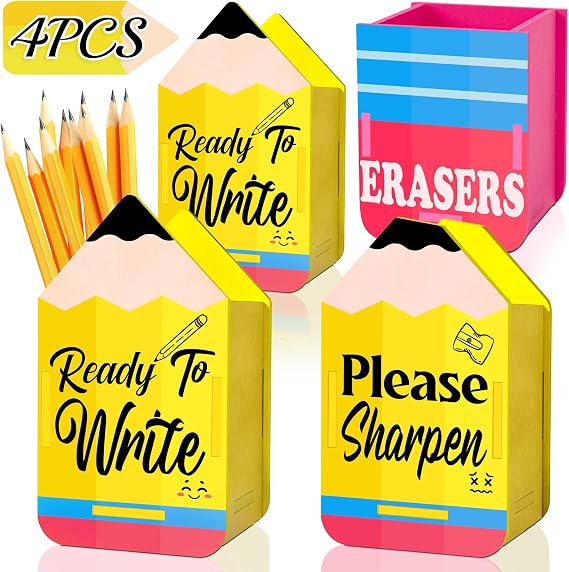 4pcs Back to School Pencil Dispenser Wooden Sharp and Dull Holder for Teacher Desk, Classroom Organization